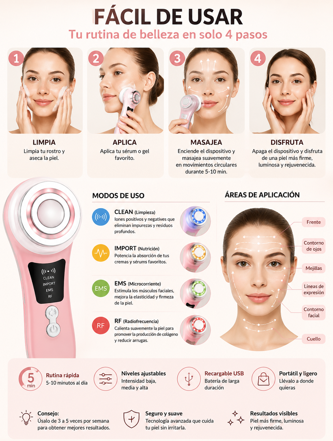Masajeador Facial Eléctrico EMS con Radiofrecuencia y Fototerapia LED