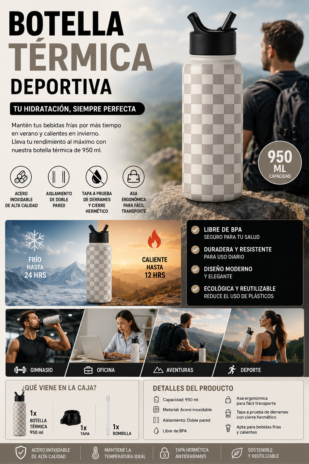 Botella Térmica Deportiva 950ml Gris JM