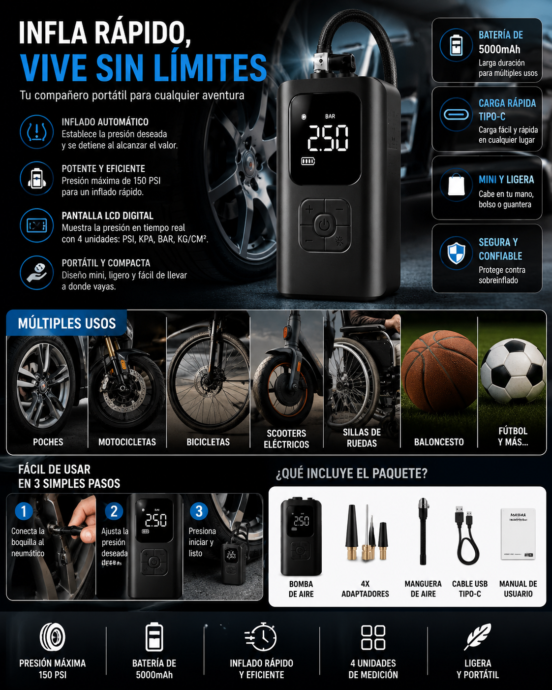 Compresor de Aire Portátil Inalámbrico 150 PSI | Inflado Automático con Pantalla Digital
