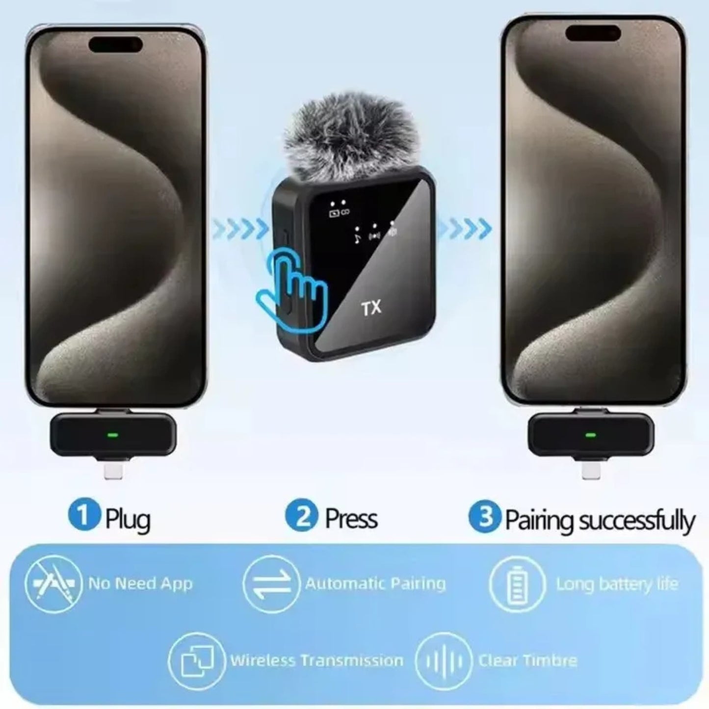 Micrófono Inalámbrico Dual de Solapa para iPhone y Android | Tipo C + Lightning