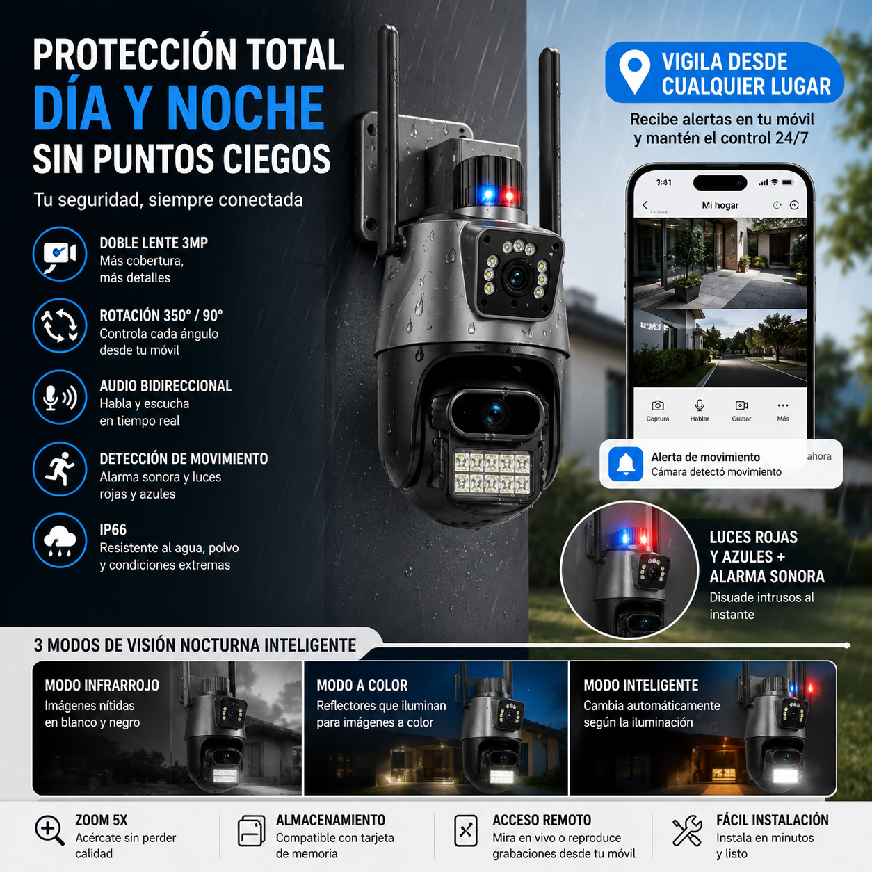 Cámara de Seguridad WiFi Doble Lente 3MP | Visión Nocturna, Alarma y Control Remoto