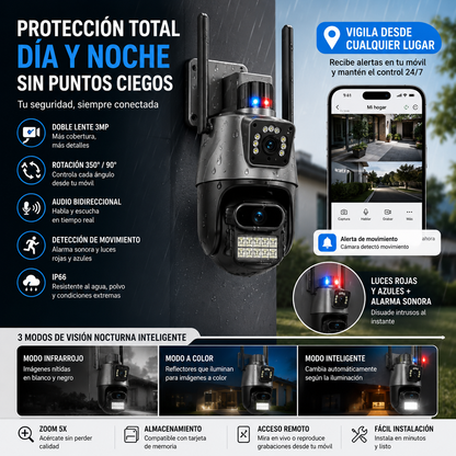 Cámara de Seguridad WiFi Doble Lente 3MP | Visión Nocturna, Alarma y Control Remoto