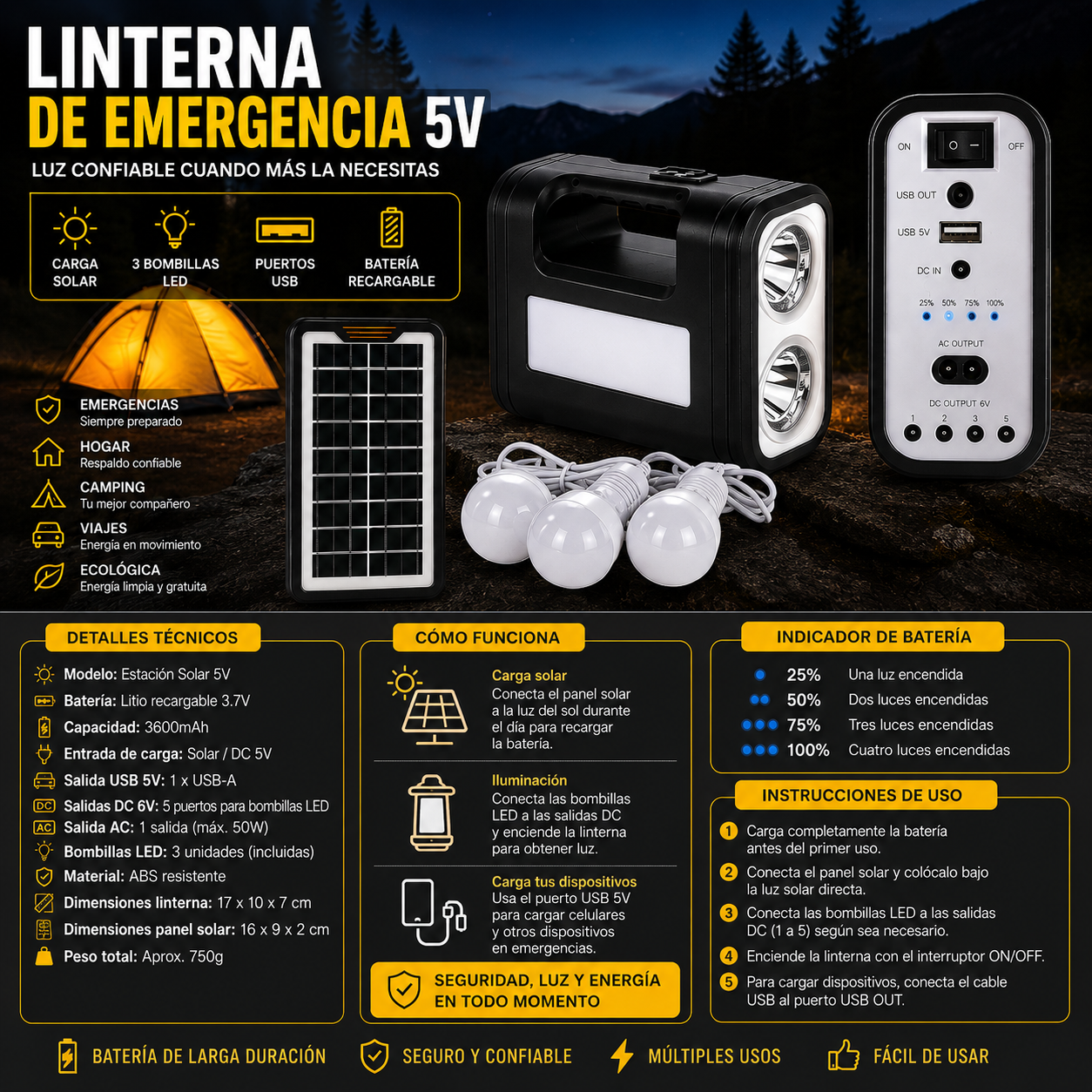 Linterna de Emergencia (Carga Solar)