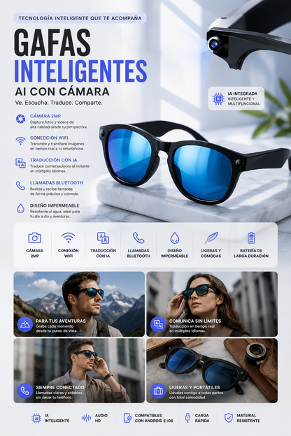 VisionAI Smart Glasses™ | Gafas Inteligentes con Cámara, Traducción IA y Bluetooth