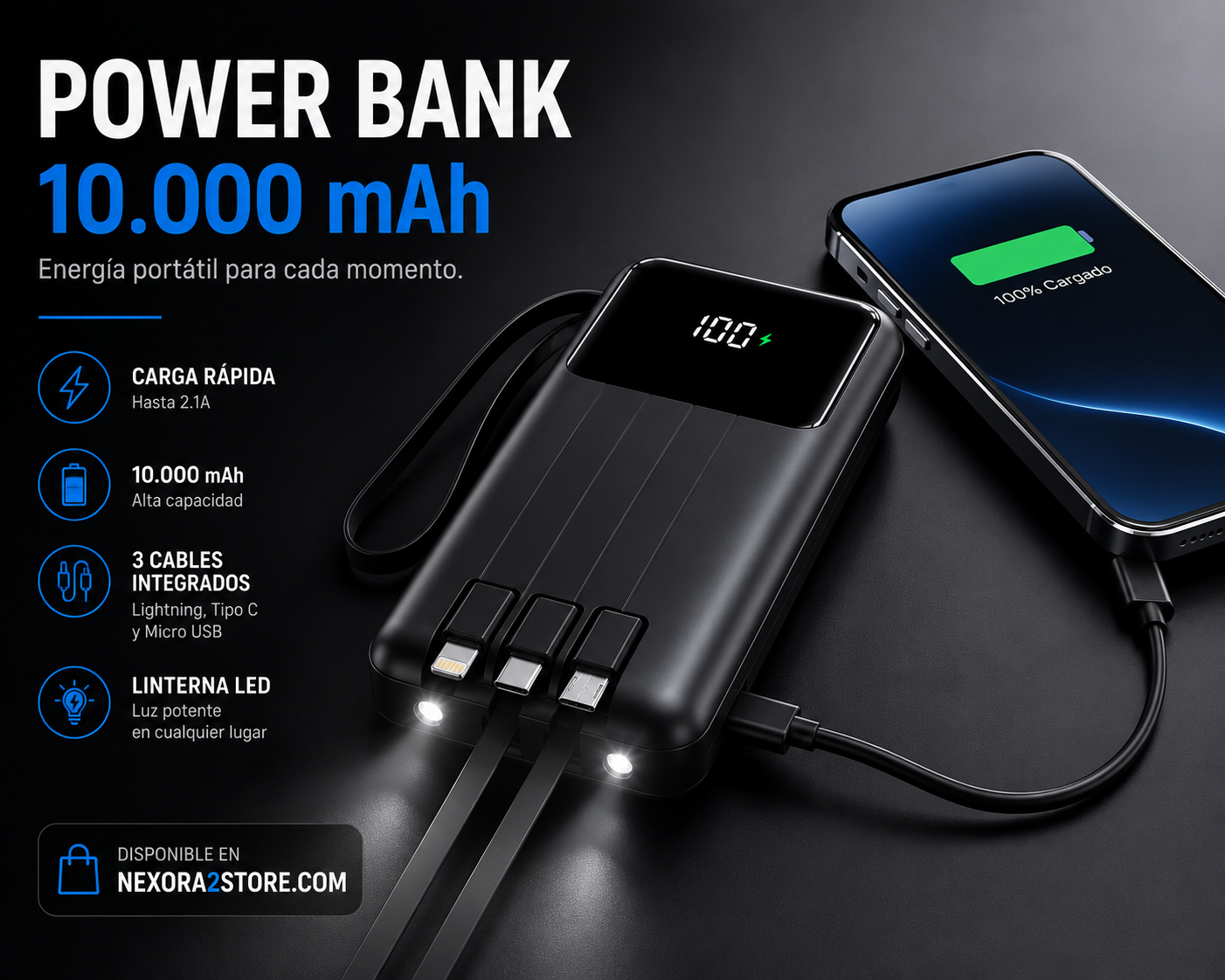 Power Bank Portátil 10.000 mAh | Cables Integrados