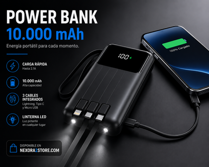 Power Bank Portátil 10.000 mAh | Cables Integrados