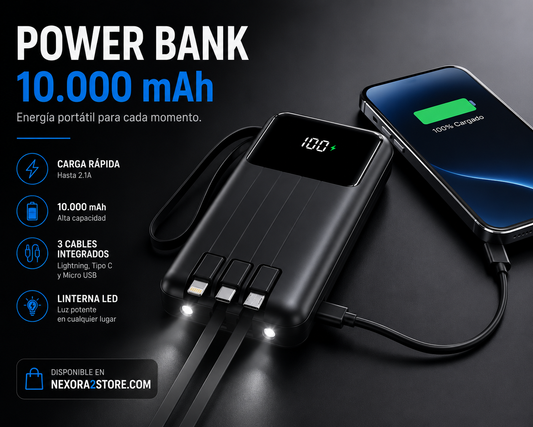 Power Bank Portátil 10.000 mAh | Cables Integrados