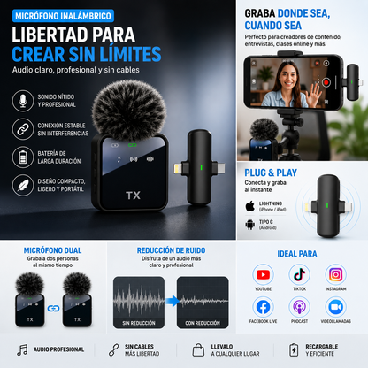 Micrófono Inalámbrico Dual de Solapa para iPhone y Android | Tipo C + Lightning