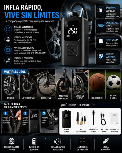 Compresor de Aire Portátil Inalámbrico 150 PSI | Inflado Automático con Pantalla Digital