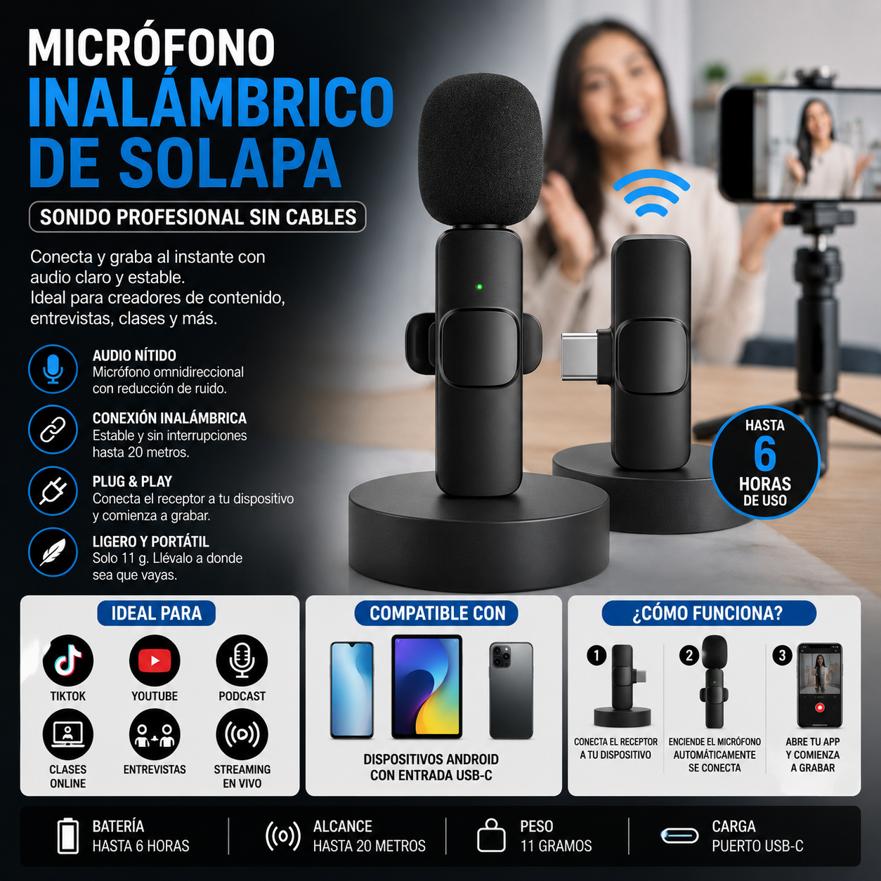 Micrófono Inalámbrico de Solapa USB-C | Audio Profesional para Android
