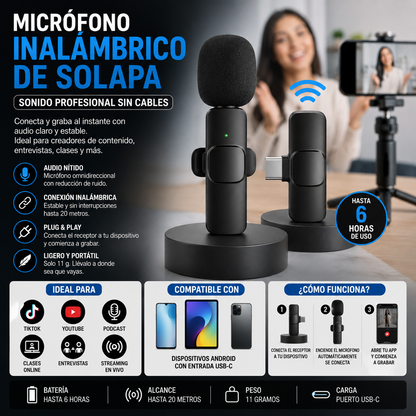 Micrófono Inalámbrico de Solapa USB-C | Audio Profesional para Android
