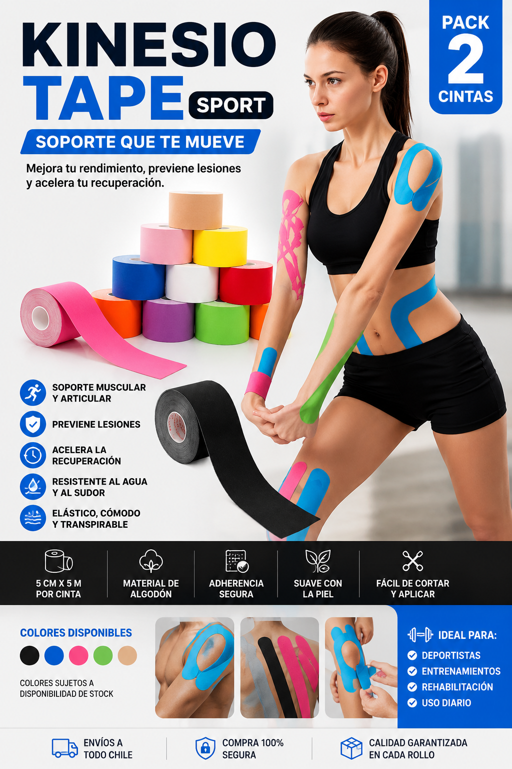 Pack 2 Kinesio Tape Sport 5 cm x 5 m | Cinta Elástica Deportiva