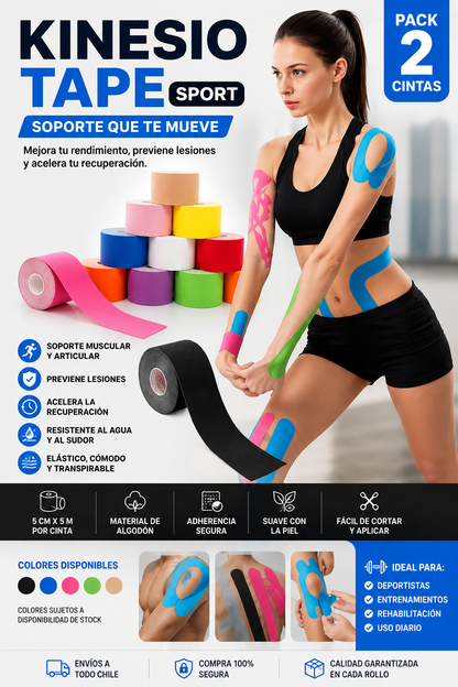 Pack 2 Kinesio Tape Sport 5 cm x 5 m | Cinta Elástica Deportiva