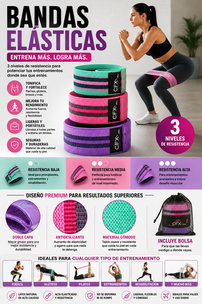 Set de 3 Bandas Elásticas Fitness | Entrenamiento de Fuerza y Tonificación