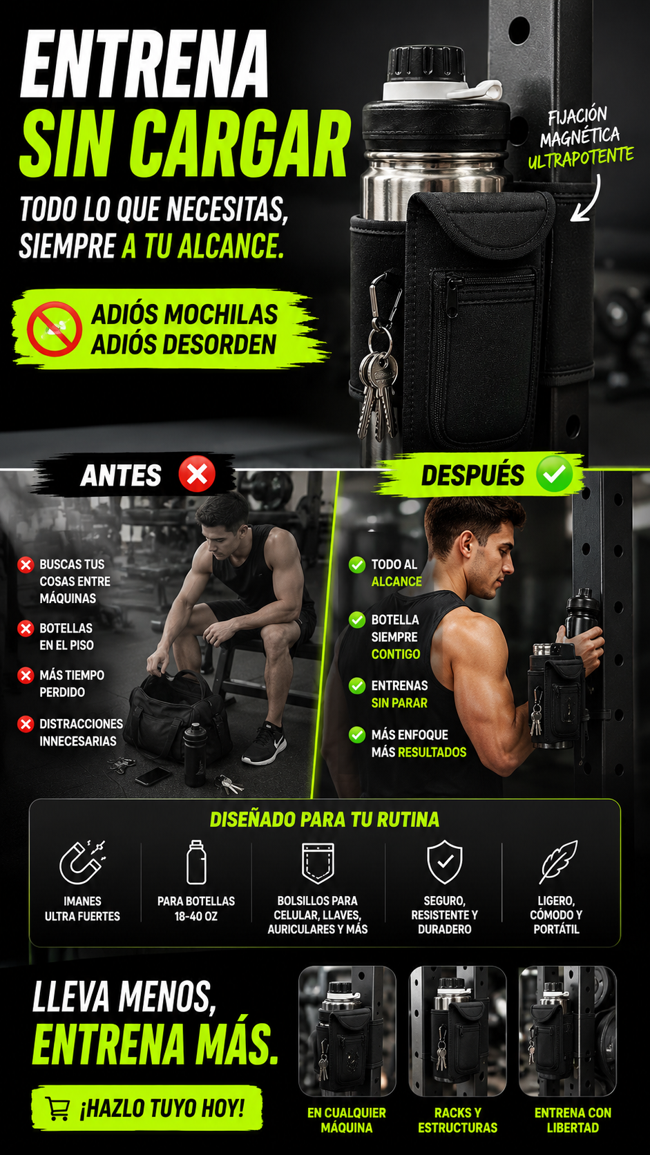 Bolsillo Magnético para Gym | Organizador para Botella, Celular y Accesorios