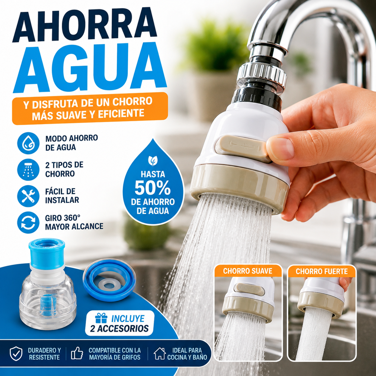 Adaptador Multifuncional para Grifo 360° | Ahorra Agua e Incluye 2 Adaptadores