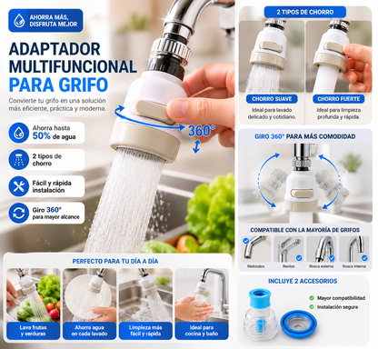 Adaptador Multifuncional para Grifo 360° | Ahorra Agua e Incluye 2 Adaptadores